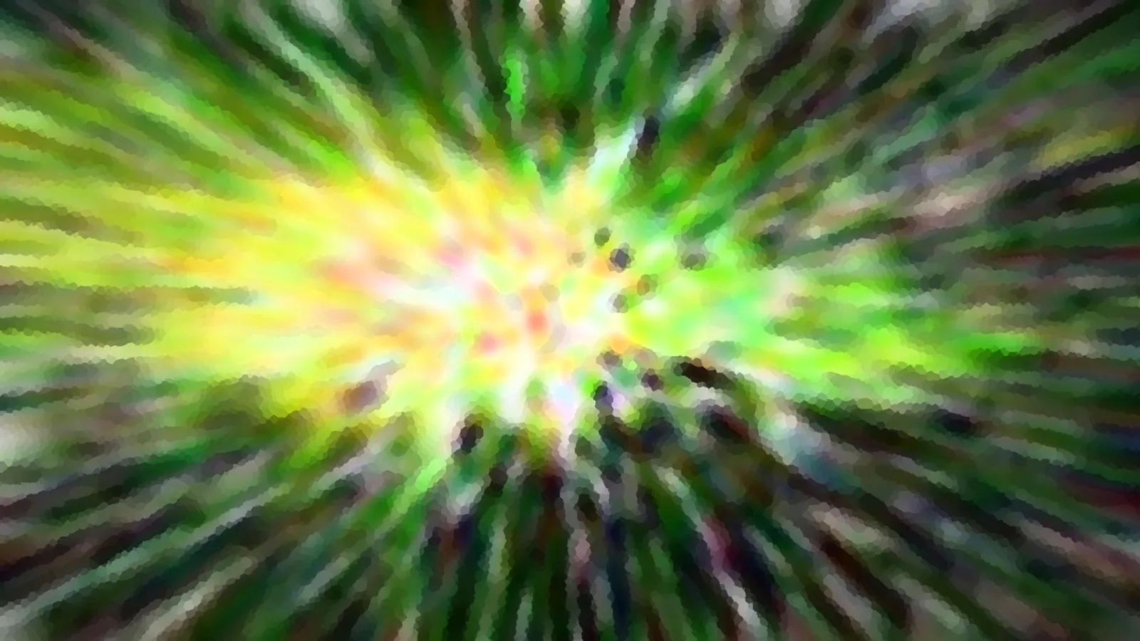 Abstraktes Bild mit grünen, gelben und dunklen Streifen, die radial von einem hellen Zentrum ausgehen.