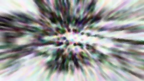 Abstraktes Bild mit bunten, verwischten Streifen, die von einem dunklen Punktmuster in der Mitte radial nach außen laufen.