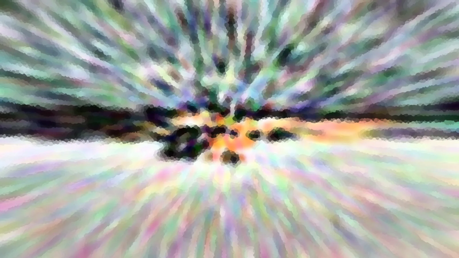 Abstrakte Komposition aus bunten Farbstrahlen, die von einem dunklen Zentrum mit orangefarbenem Schimmer nach außen laufen, grob gepixelt und mit einem hellen Horizontstreifen.