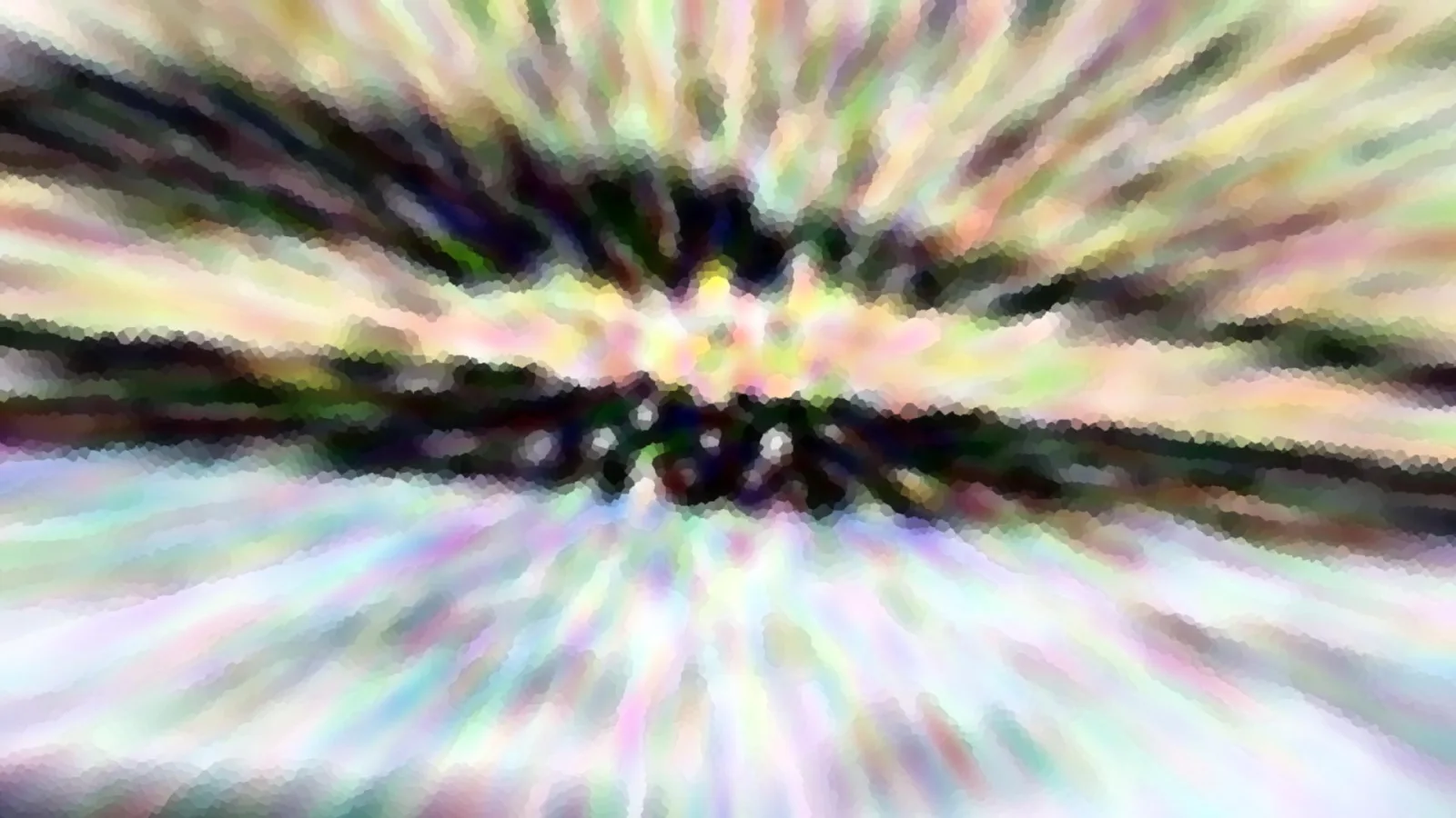 Abstrakte Komposition aus radial verlaufenden, pastellfarbenen Streifen mit einem dunklen, horizontalen Band und einem hellen Zentrum in der Bildmitte.
