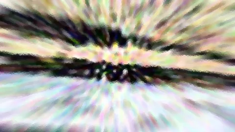 Abstrakte Komposition aus radial verlaufenden, pastellfarbenen Streifen mit einem dunklen, horizontalen Band und einem hellen Zentrum in der Bildmitte.