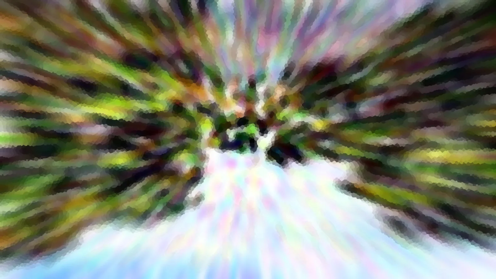 Abstrakte, radial verwischte Farbstrahlen in Grün, Gelb und Pink laufen von einem dunklen Zentrum nach außen; unten dominieren helle, bläulich weiße Flächen.