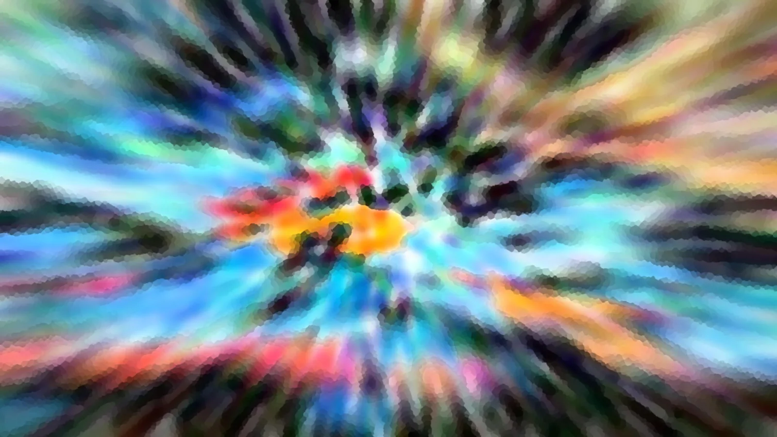 Abstraktes Bild mit radial von der Mitte ausstrahlenden, bunten Streifen in Rot, Orange, Blau, Grün und Dunkelgrau, im Zentrum leuchtet Orange.