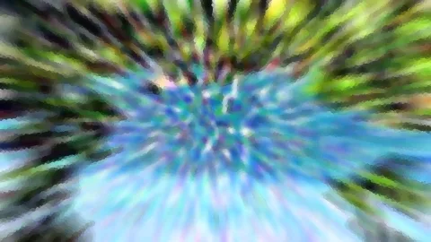 Abstrakte Komposition aus radialen, verwischten Streifen in Grün, Blau und Weiß, die von einem hellen Zentrum nach außen strahlen.