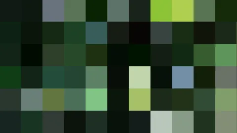 Quadratisches Pixelmosaik aus dunklen Grün- und Blautönen mit einzelnen hellgrünen Feldern.