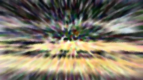 Abstrakte Komposition aus radial von der Mitte nach außen laufenden Farbstreifen in Grün, Gelb, Violett und Weiß, mosaikartig verpixelt.