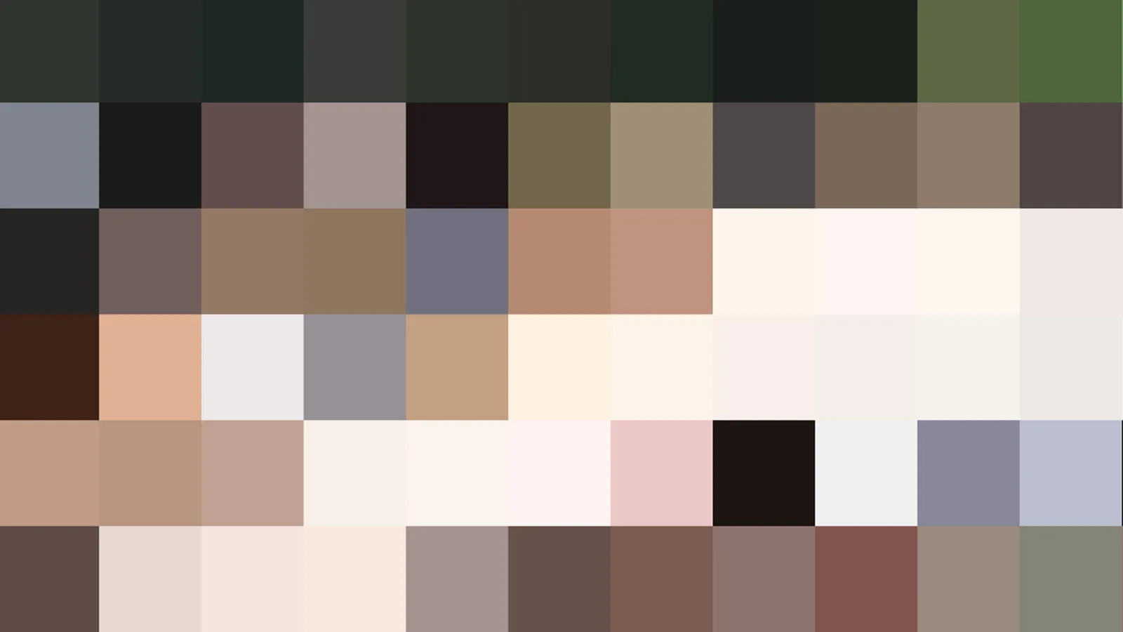 Pixeliges Mosaik aus rechteckigen Farbfeldern in Erd-, Grau- und Hauttönen, oben dunkelgrün, unten rötlich braun.