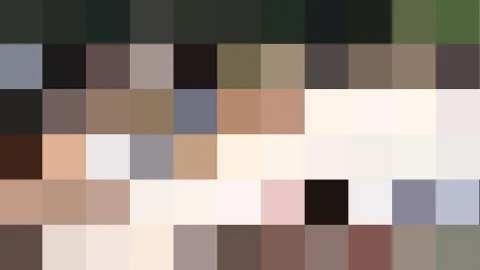 Pixeliges Mosaik aus rechteckigen Farbfeldern in Erd-, Grau- und Hauttönen, oben dunkelgrün, unten rötlich braun.