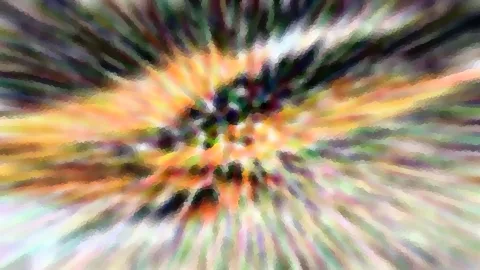 Abstrakte Komposition aus bunten, verwischten Farbstrahlen, die von einem dunklen Zentrum in der Mitte nach außen laufen. Gelb, Orange, Grün und Violett dominieren, am Rand sind die Strahlen dunkler.