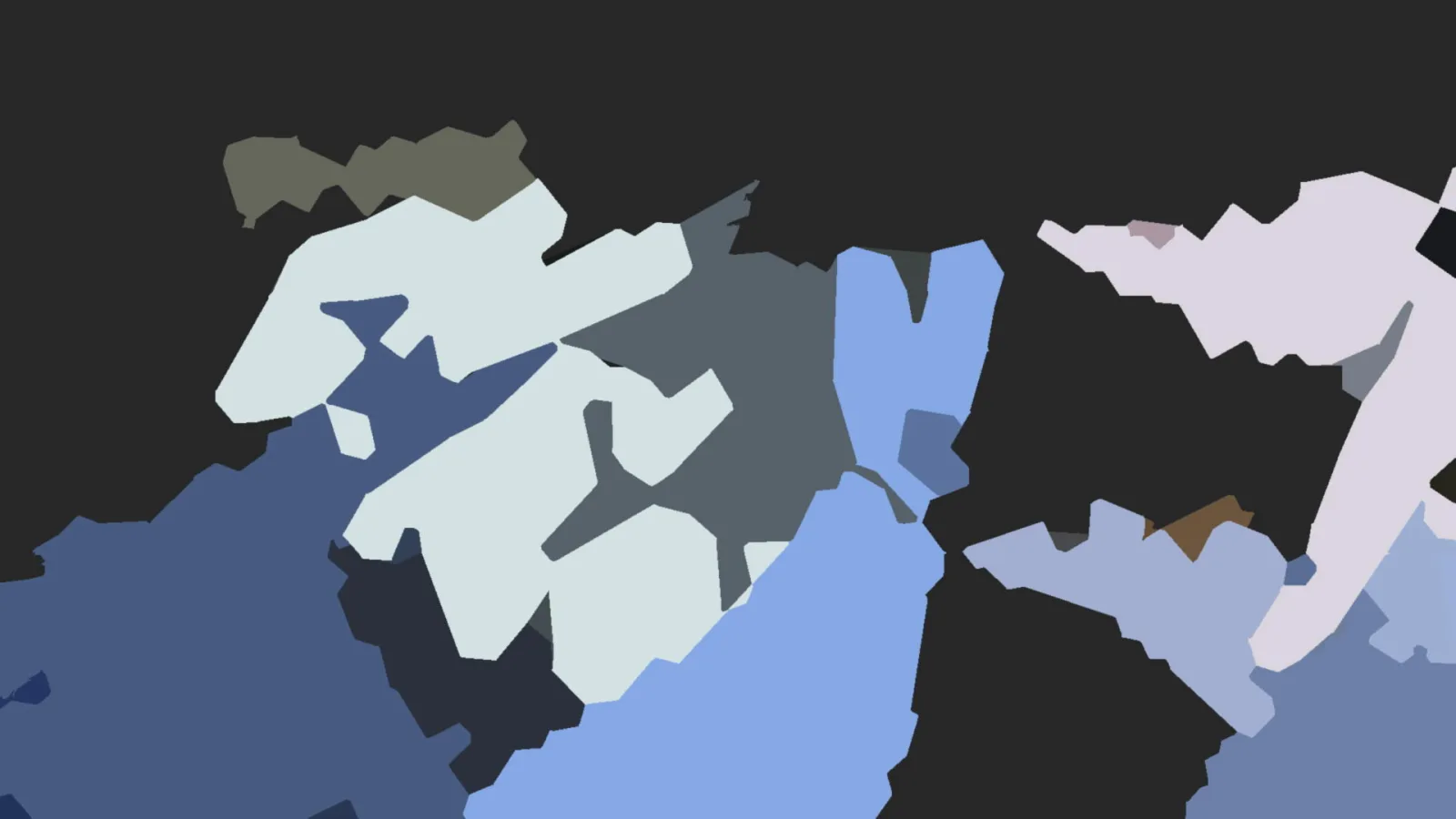 Abstrakte Komposition aus unregelmäßigen, zackigen Flächen in Hellblau, Dunkelblau, Weiß und Grau auf dunklem Hintergrund.