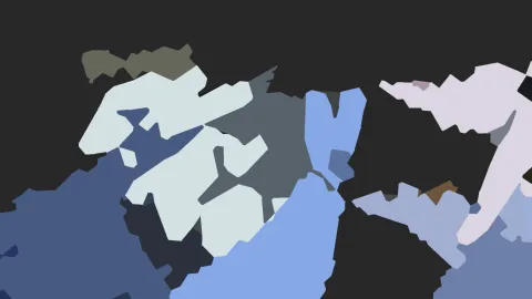 Abstrakte Komposition aus unregelmäßigen, zackigen Flächen in Hellblau, Dunkelblau, Weiß und Grau auf dunklem Hintergrund.
