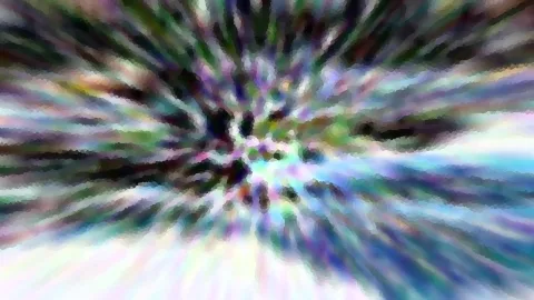 Abstrakte Komposition aus bunten Farbstreifen, die von einem dunklen Zentrum radial nach außen strahlen, mit mosaikartiger Pixelstruktur in Grün, Violett, Blau und Weiß.