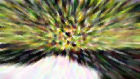 Abstrakte Komposition aus grünen, gelben und weißen Farbflächen, die radial von einem dunklen Zentrum nach außen laufen.