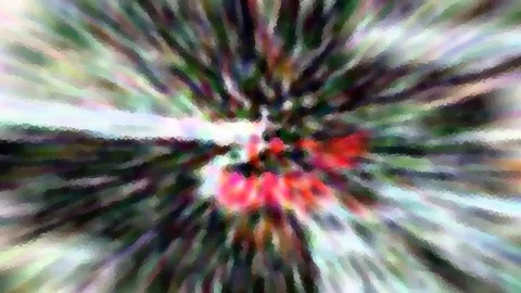 Abstrakte Komposition mit radial verlaufenden bunten Streifen und einem roten Fleck in der Mitte.