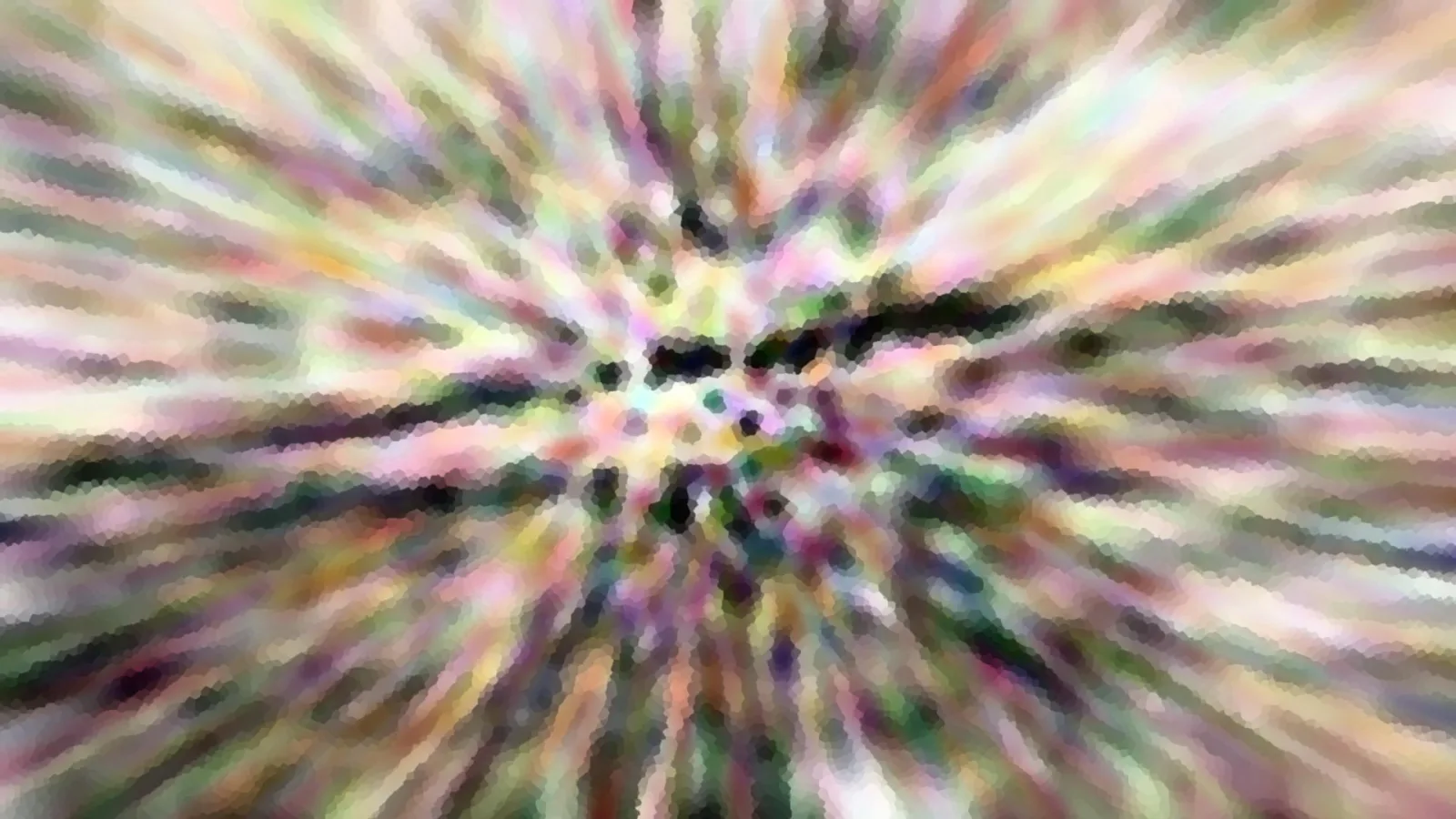 Abstraktes Bild mit radial von der Mitte ausstrahlenden Streifen in Rosa, Grün, Gelb und Weiß, dazwischen dunkle Flecken und ein mosaikartiges Muster aus kleinen Kacheln.