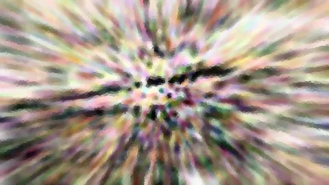 Abstraktes Bild mit radial von der Mitte ausstrahlenden Streifen in Rosa, Grün, Gelb und Weiß, dazwischen dunkle Flecken und ein mosaikartiges Muster aus kleinen Kacheln.