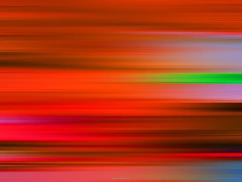 Abstrakte Komposition aus horizontalen, verwischten Streifen in Rot, Orange, Pink und Braun, durchzogen von einem leuchtend grünen Band im rechten Drittel.