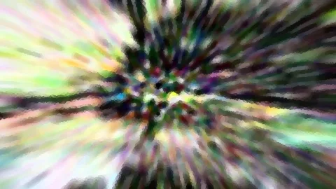 Abstrakte Komposition aus bunten Streifen, die von einem dunklen Zentrum radial nach außen laufen, mit mosaikartiger Pixelstruktur.
