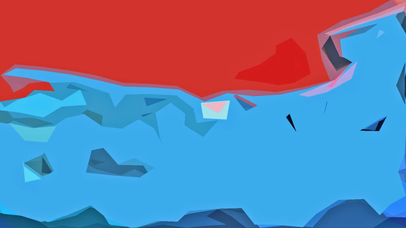 Abstrakte Komposition aus roten, hellblauen und dunkelblauen dreieckigen Flächen mit dunklen Bergen am unteren Rand.