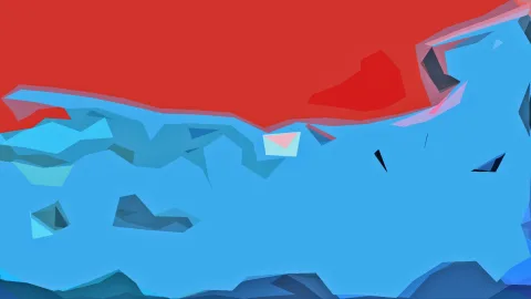 Abstrakte Komposition aus roten, hellblauen und dunkelblauen dreieckigen Flächen mit dunklen Bergen am unteren Rand.