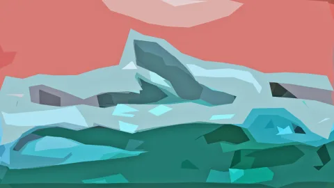 Abstrakte Landschaft mit kantigen hellblauen und dunkelgrünen Flächen unter einem korallenroten Himmel.