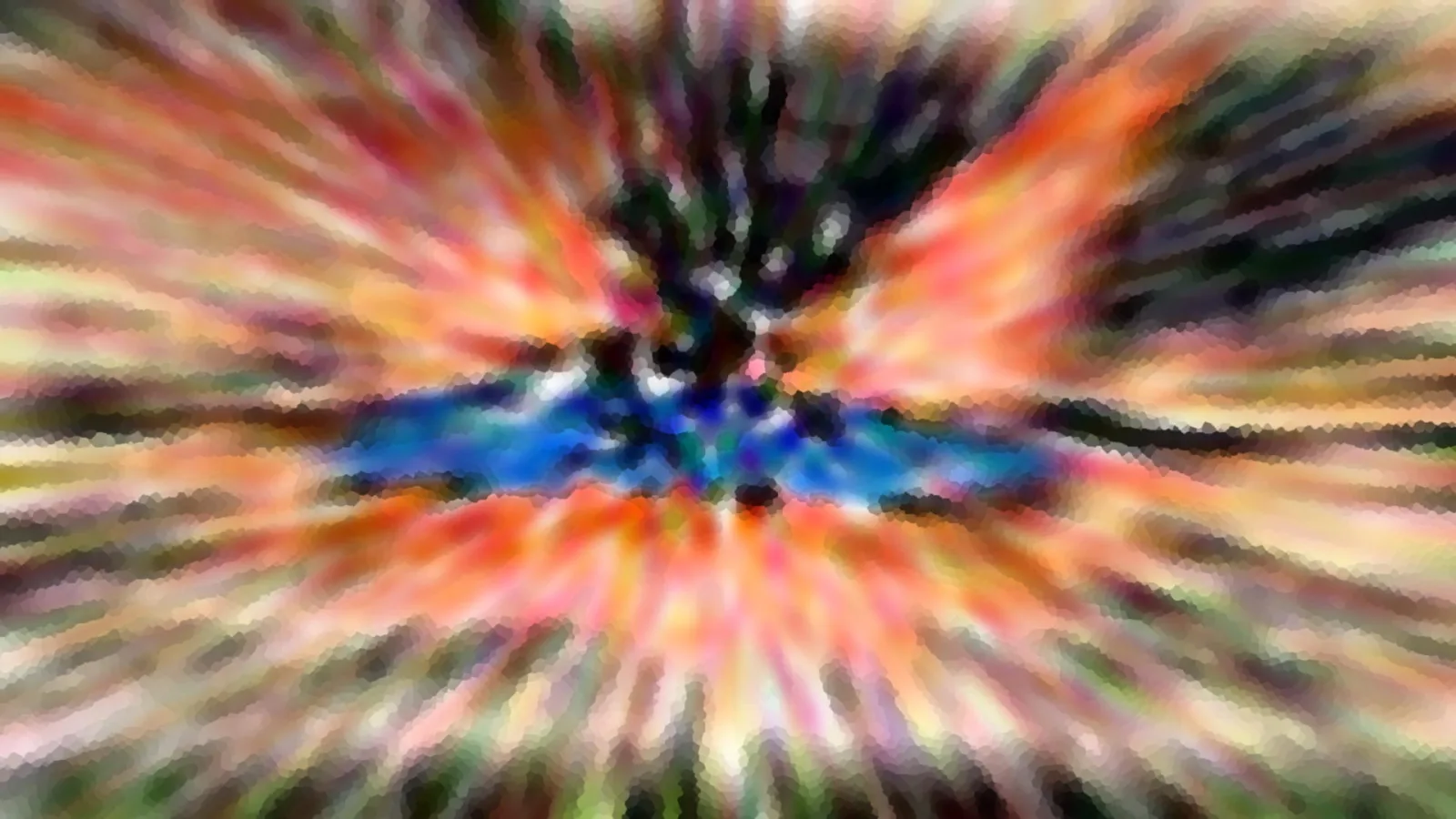 Abstraktes Bild mit radialen, bunten Schlieren, die von einer blauen Mitte nach außen strahlen, grobe Mosaikstruktur