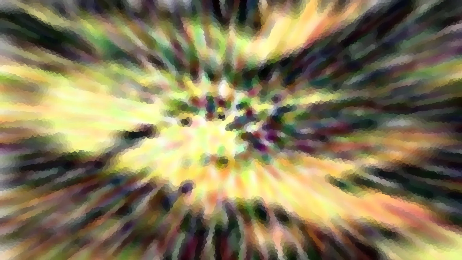 Abstraktes Bild mit radialem Zoomeffekt: Gelbe, grüne, rote und violette Farbstreifen strahlen vom hellen Zentrum nach außen, die Ränder sind verwischt und pixelig.