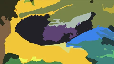 Abstrakte Komposition aus unregelmäßigen, flachen Farbflächen in Gelb, Schwarz, Olivgrün, Violett, Blau und Petrol.