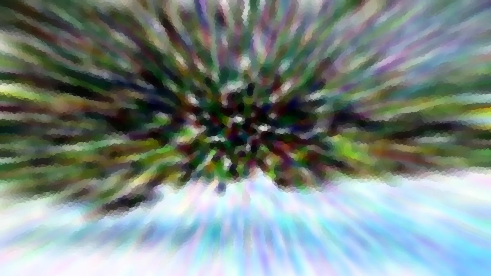 Abstrakte Komposition mit radialer Bewegungsunschärfe. Im Zentrum ein dunkler, grüner Strahlenkranz, nach außen in Violett, Blau und Weiß aufgelöst, unten ein heller, türkisfarbener Lichtfächer.