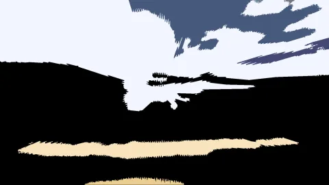 Abstraktes Gemälde mit schwarzem Feld, hellen Flächen oben und in der Mitte, dunkelblauen Pinselformen oben rechts und einem beigefarbenen Streifen im unteren Bereich.
