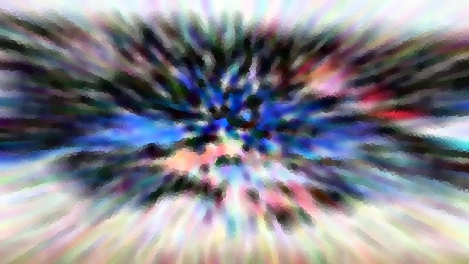 Abstraktes Bild mit bunten, radial nach außen strahlenden Schlieren um einen dunklen blauen Mittelpunkt.