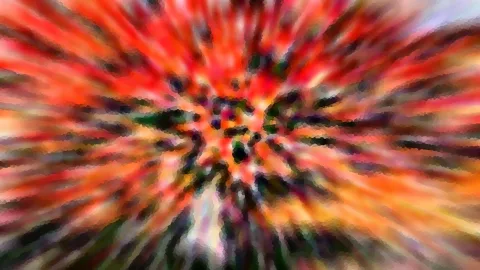 Abstrakte Komposition mit radial von der Mitte nach außen laufenden Streifen in Rot, Orange und dunklem Grün, teils pixelig verwischt.