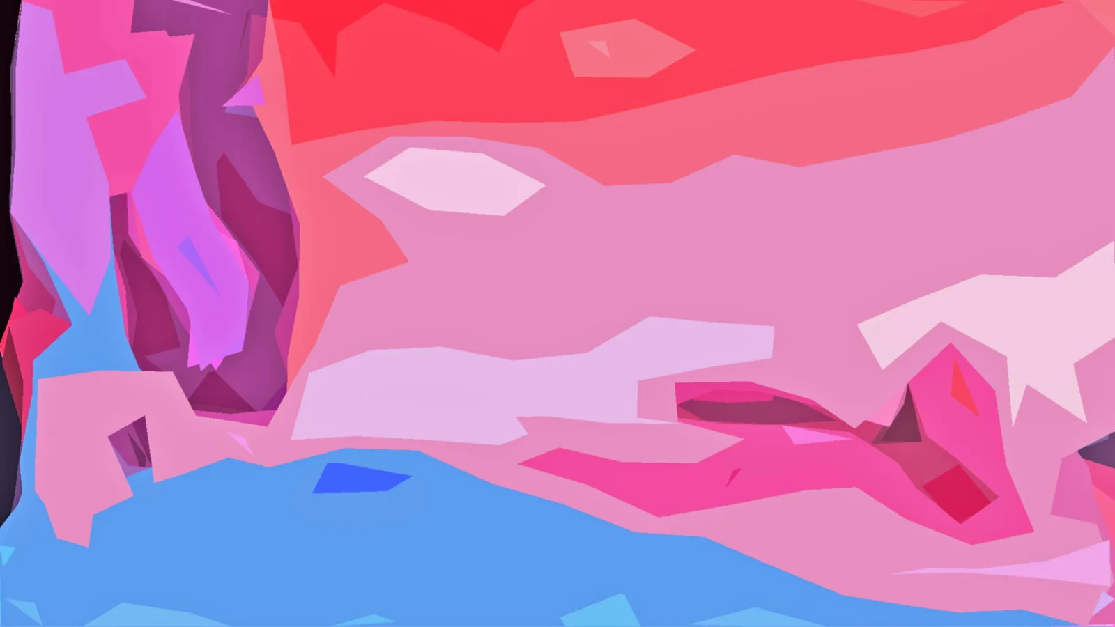 Abstrakte Komposition aus kantigen Flächen in Pink, Rot, Violett und Blau, mit hellen Akzenten.