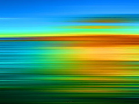 Abstrakte horizontale Schlieren in Blau, Türkis, Grün, Gelb und Orange, die wie eine verwischte Bewegungsaufnahme wirken.