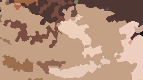 Abstraktes Bild aus unregelmäßigen beige, braunen und rosafarbenen Flächen auf sandfarbenem Grund.