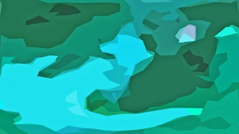 Abstrakte, kantige Flächen in Türkis, Grün und hellem Cyan, mit einer dunklen Fläche in der Mitte rechts und einem kleinen hellen Akzent oben rechts.
