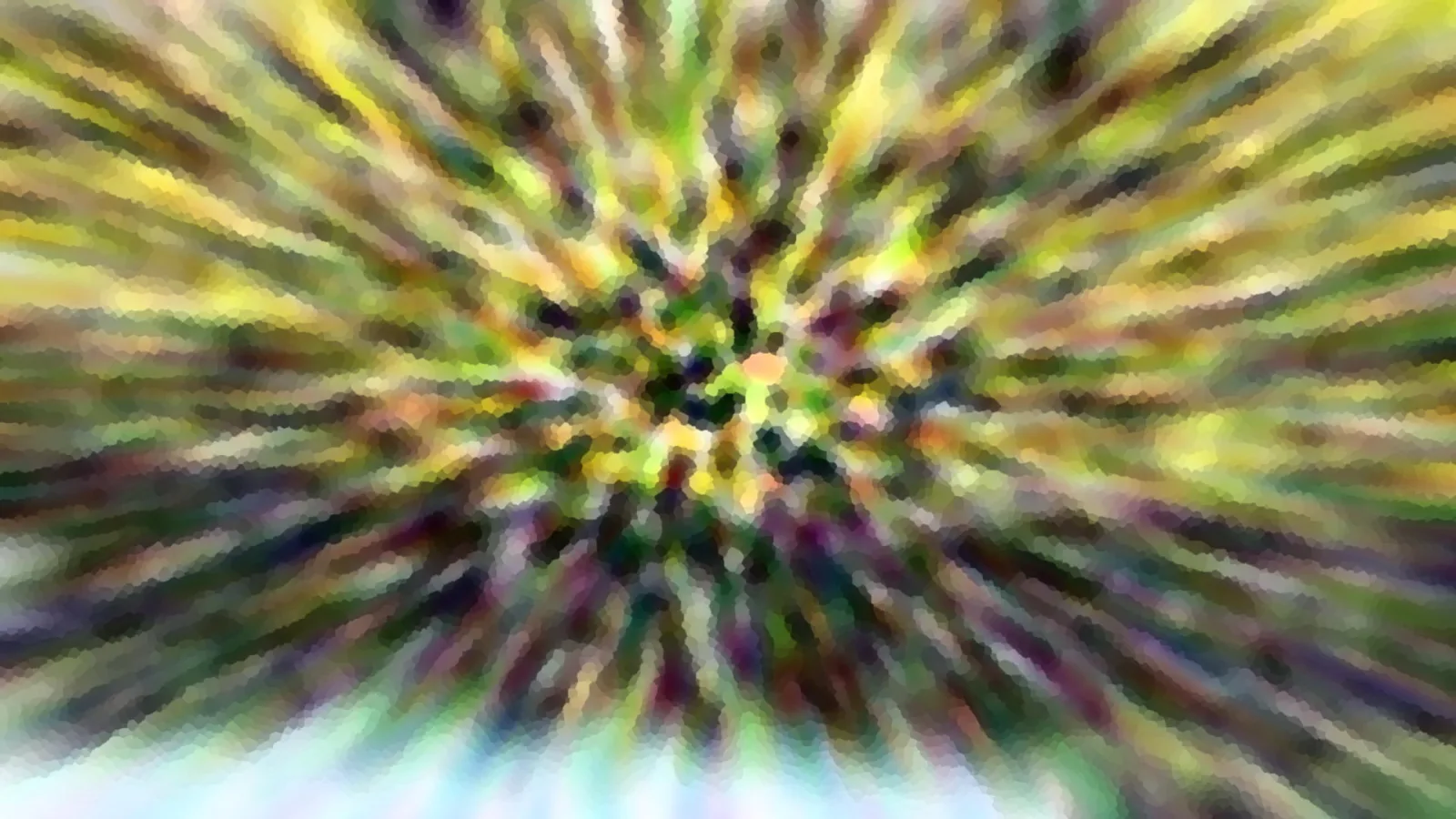 Abstrakte Komposition aus farbigen Schlieren, die vom Zentrum radial nach außen verlaufen, mit mosaikartiger Körnung; unten eine helle, bläuliche Fläche.