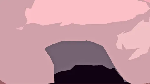 Abstrakte Komposition aus flachen, kantigen Formen in Rosa- und Mauvetönen, im unteren Mittelteil eine dunkle, fast schwarze Fläche.