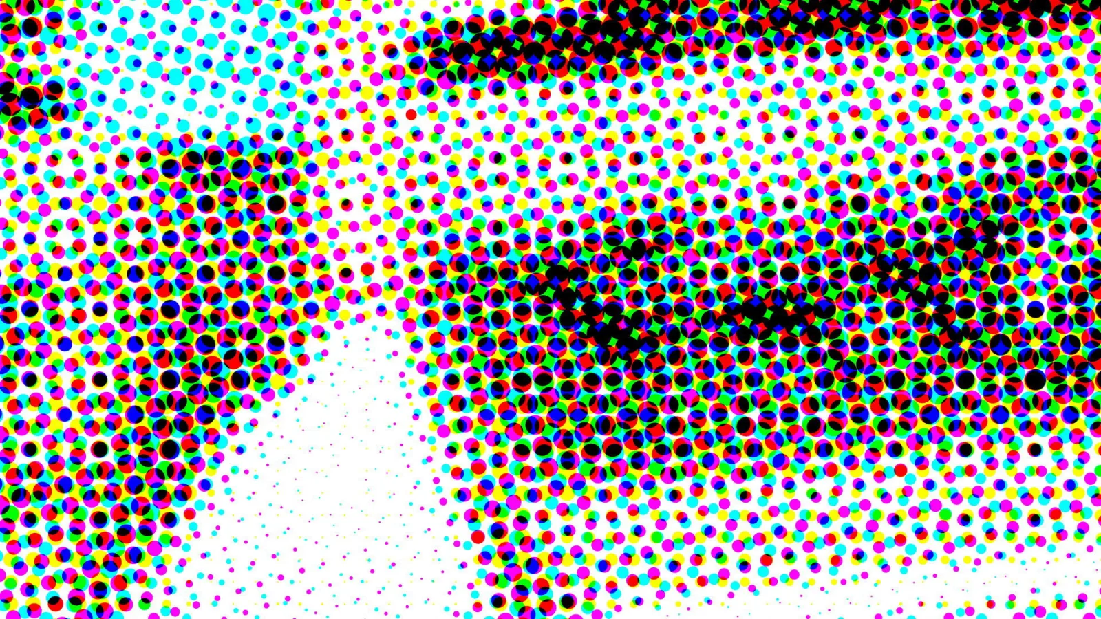 Abstraktes Muster aus farbigen Rasterpunkten in Cyan, Magenta, Gelb und Schwarz auf weißem Grund, dicht gedrängt an den Rändern und im rechten Bildbereich dunkler.