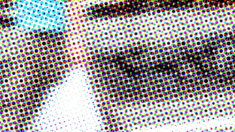 Abstraktes Muster aus farbigen Rasterpunkten in Cyan, Magenta, Gelb und Schwarz auf weißem Grund, dicht gedrängt an den Rändern und im rechten Bildbereich dunkler.