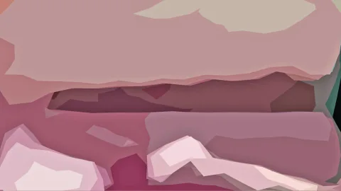 Abstrakte Komposition aus kantigen rosa, mauve und cremefarbenen Flächen mit einem dunklen Streifen in der Mitte und einem türkisen Rand rechts.