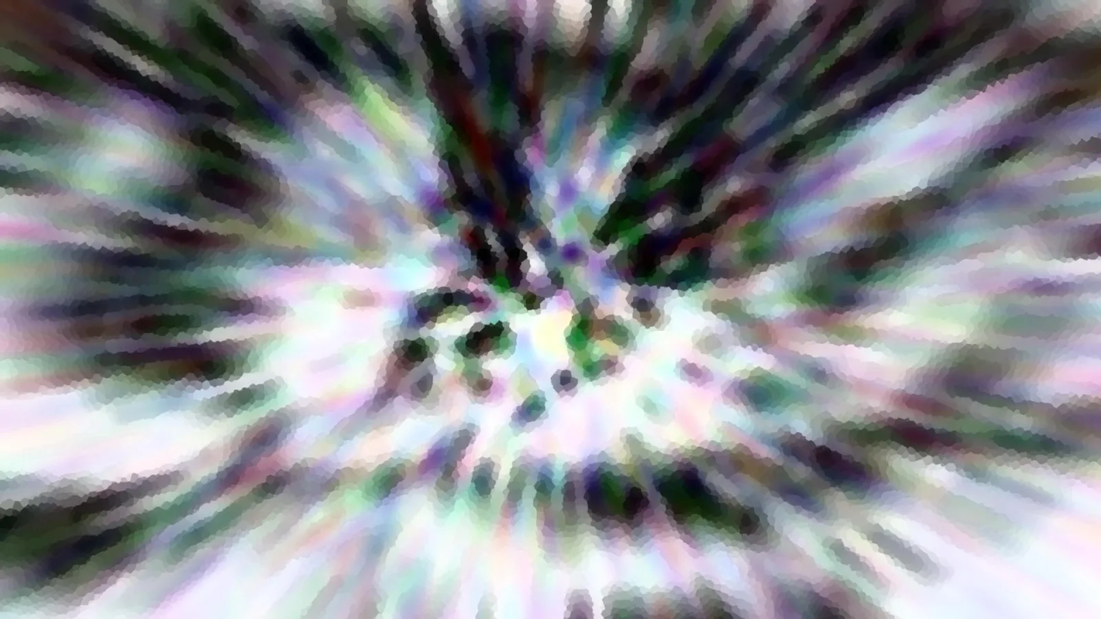 Abstrakte Komposition aus helle und dunkle Streifen, die von einem zentralen Punkt radial nach außen laufen, mit pastellfarbenen Tönen in Lila, Grün und Weiß und pixeligem Mosaikmuster.