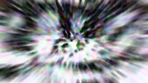 Abstrakte Komposition aus helle und dunkle Streifen, die von einem zentralen Punkt radial nach außen laufen, mit pastellfarbenen Tönen in Lila, Grün und Weiß und pixeligem Mosaikmuster.