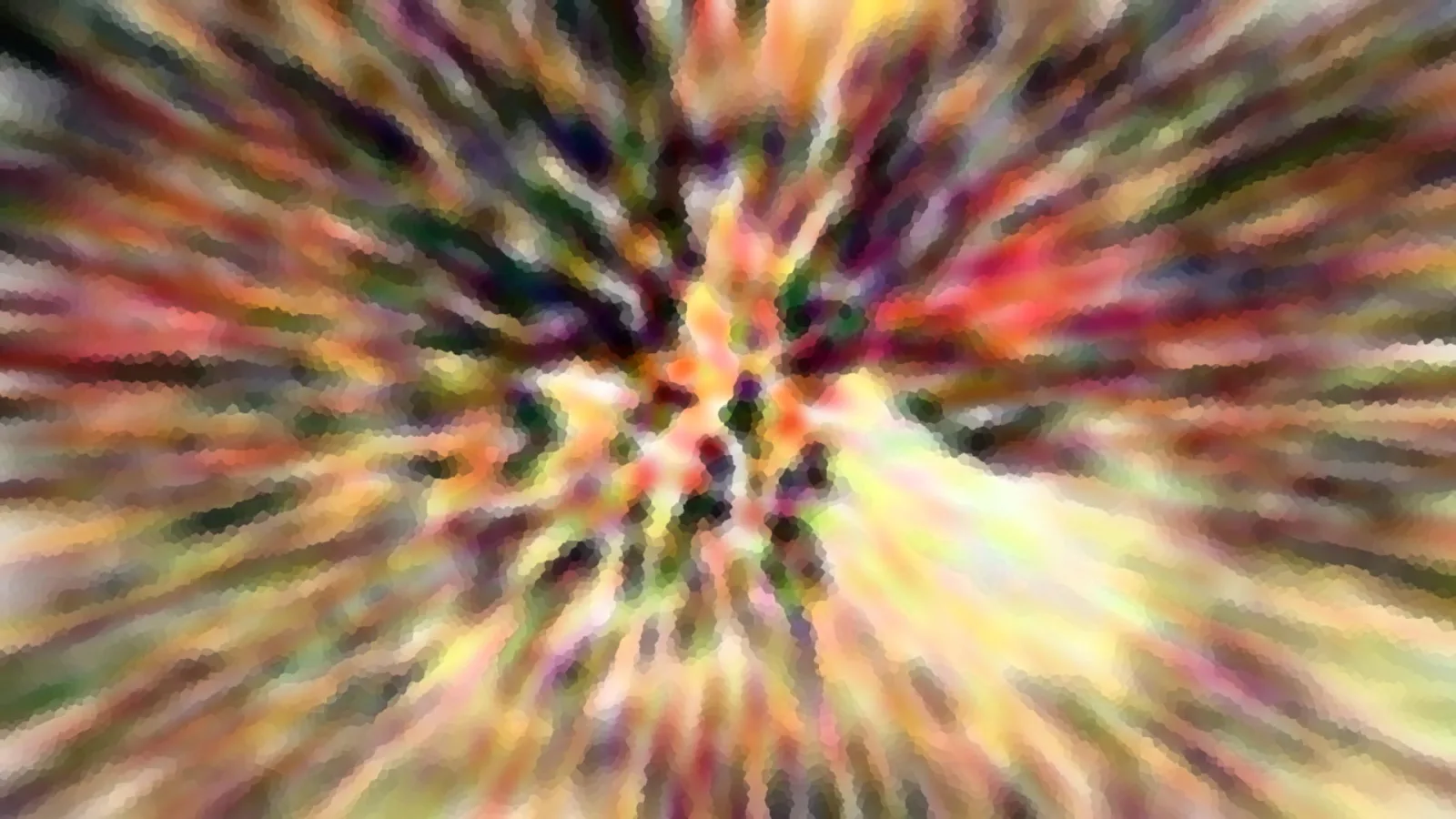 Abstrakte, radial verwischte Farbexplosion mit mosaikartiger Struktur in Rot, Gelb, Grün und Violett, im Zentrum ein helleres Feld.