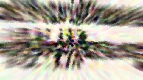 Abstrakte Komposition mit radialen, bunten Streifen in Grün, Weiß, Rosa und Dunkelblau, die von einem hellen Zentrum nach außen strahlen.