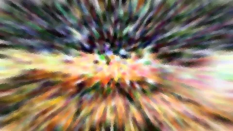 Abstraktes Bild mit farbigen Streifen, die von einem zentralen Punkt nach außen strahlen, in Grün, Violett, Orange und Gelb, mit mosaikartiger Körnung.