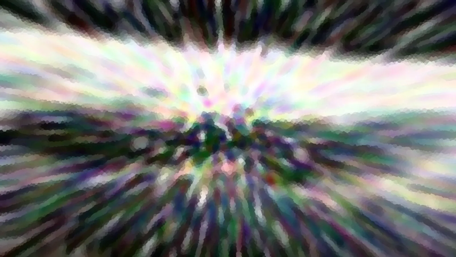 Abstrakte Komposition mit radialem Zoomeffekt in Pastellweiß, Rosa und Grün, die von einem hellen Zentrum nach außen in dunkle, violette Ränder strahlt.