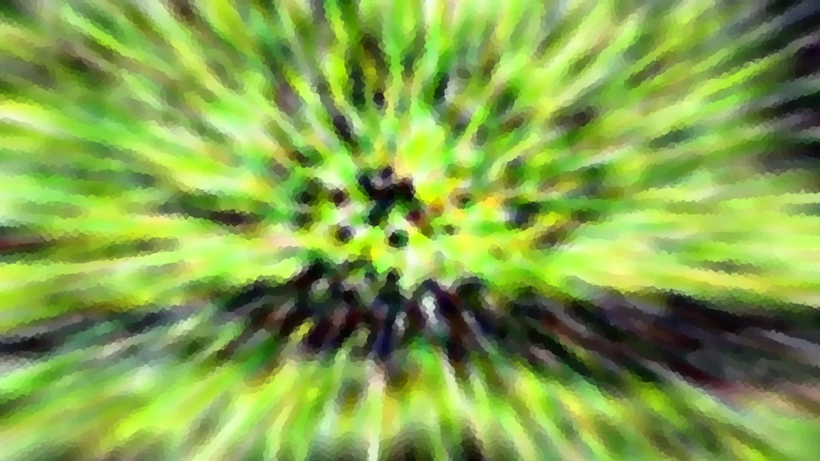 Abstrakte Aufnahme mit grünen und gelben Farbstreifen, die von einem dunklen Zentrum radial nach außen laufen, leicht mosaikartig pixelig.