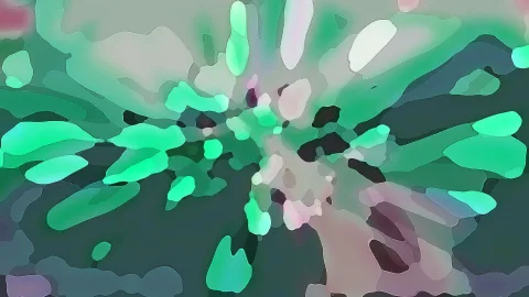 Abstrakte Komposition aus mintgrünen, grauen und rosafarbenen Farbflächen, die von einem Zentrum nach außen strahlen.