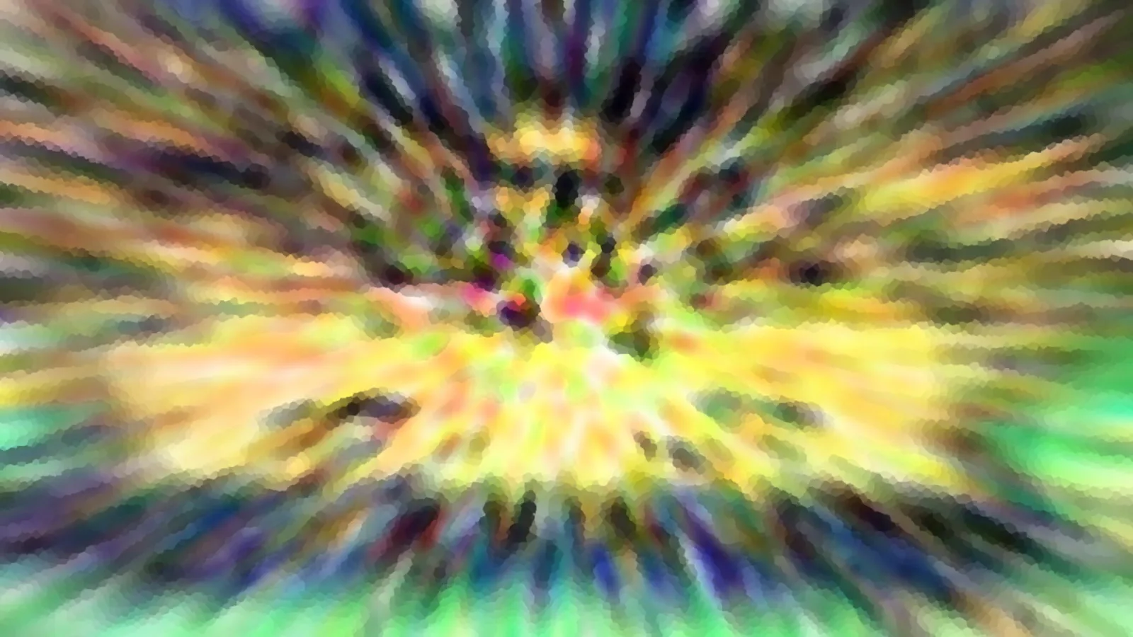 Abstraktes Bild mit bunten, radial von einem hellen Zentrum nach außen laufenden Schlieren in Gelb, Grün, Violett und Dunkelblau, leicht verpixelt.